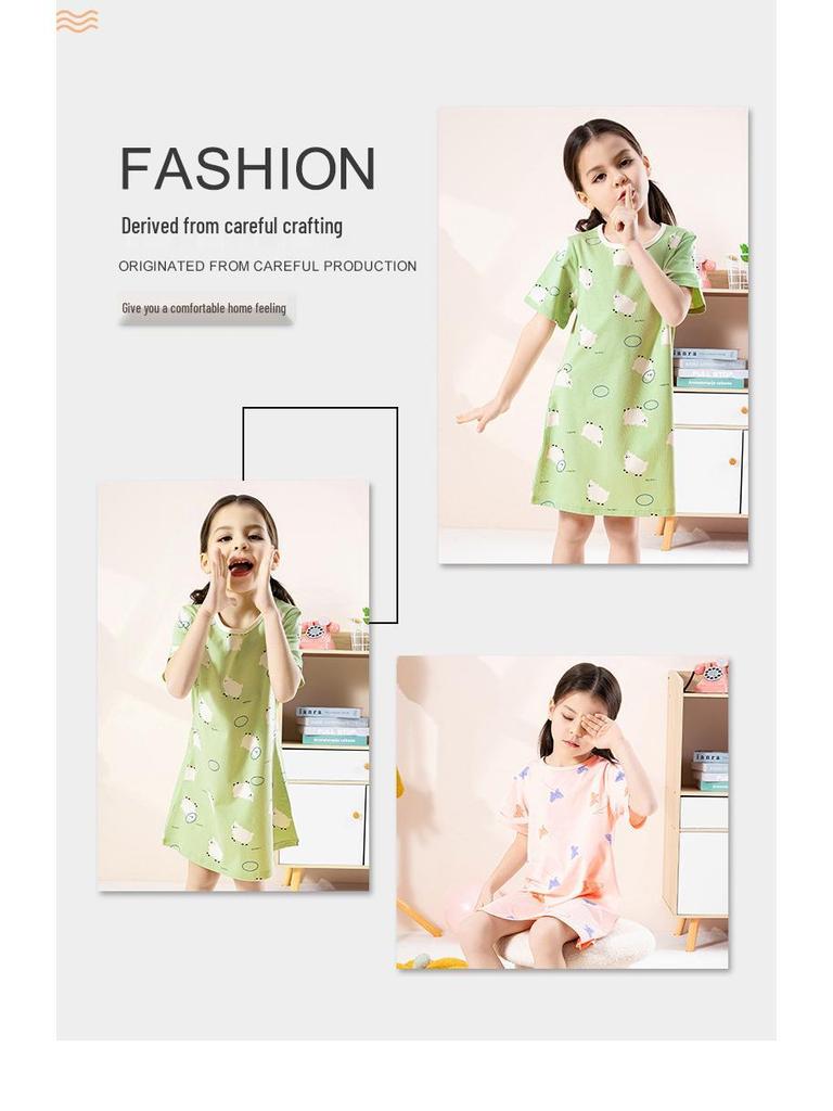 Girls' Antibacterial Cotton Cartoon Pajamas - Short Sleeve Summer Nightgown