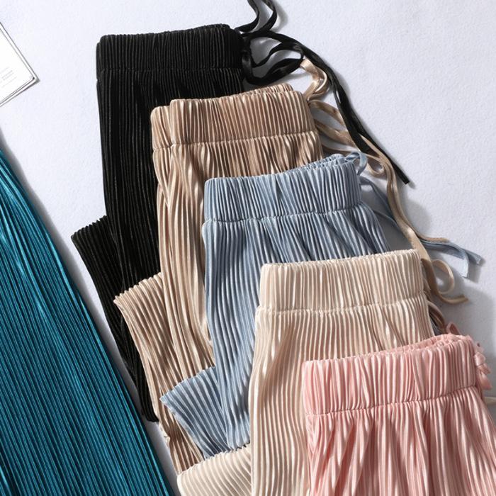 Women's Mid Waist Pleated Chiffon Wide Leg Long Pants High Drape Loose Casual Vacation Trousers