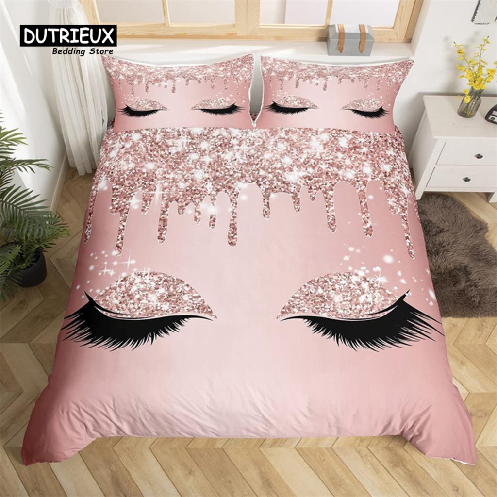 Eyelash Duvet Cover Set Eyes Pattern Design Comforter Cover Microfiber Girly Priness Style Glitter Twin King Queen Bedding Set