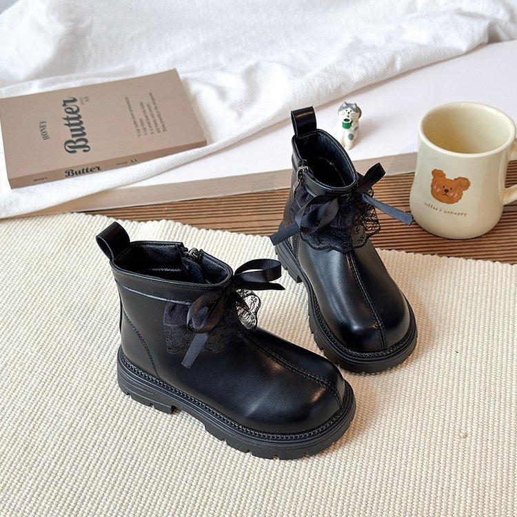 Korean version of girls' velvet short boots 2025 autumn and winter new girls' retro bow princess boots warm Martin boots