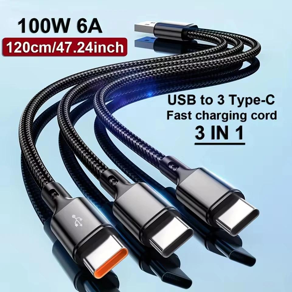 3 In 1 100W 6A USB-A to 3 ×Type-C Fast Charging Data Cable For iPhone 17 Samsung Xiaomi Android Phone USB C Data Transfer Cord