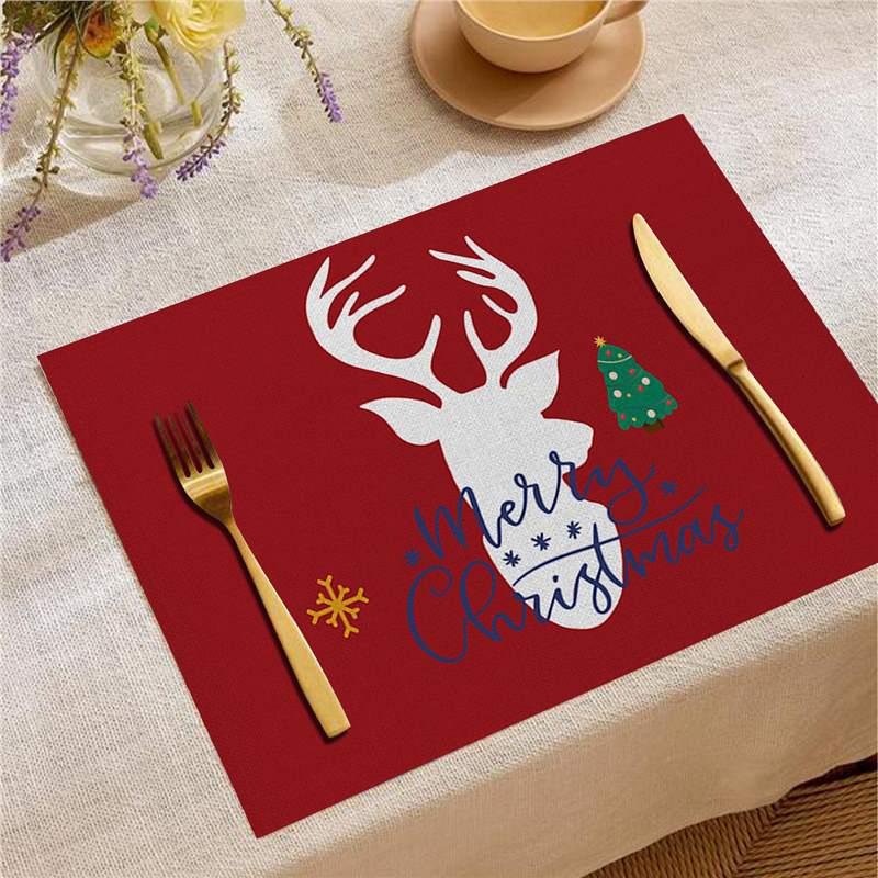 Nordic Christmas Santa Elk Linen Placemat Square, Festive Restaurant Table Decoration