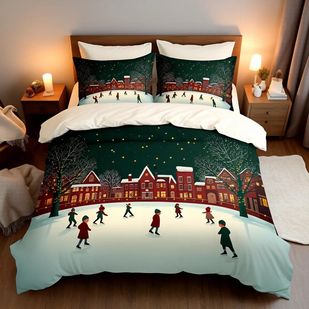 3Pcs Christmas Story Town Bedding Set Duvet Cover Warm Village Print Soft Polyester Queen Size Home Decor Holiday Gift