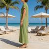 Summer Short Sleeve Cotton Dress for Women Button Down V Neck Long Dress Casual Loose Flowy A-line Beach Sundress with Pockets
