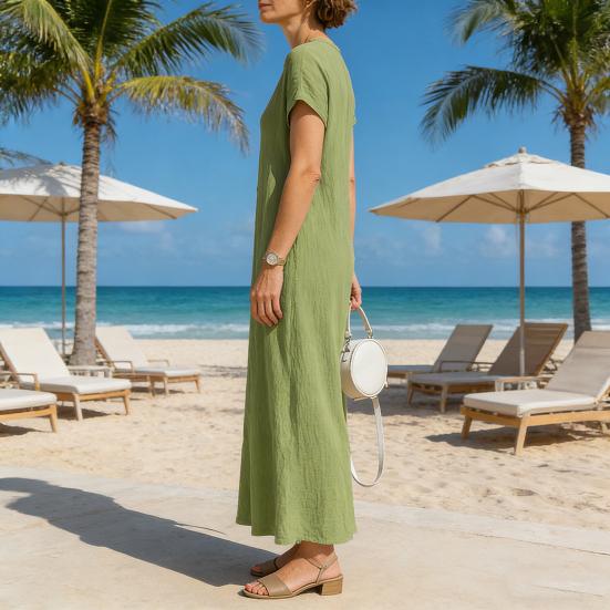 Summer Short Sleeve Cotton Dress for Women Button Down V Neck Long Dress Casual Loose Flowy A-line Beach Sundress with Pockets