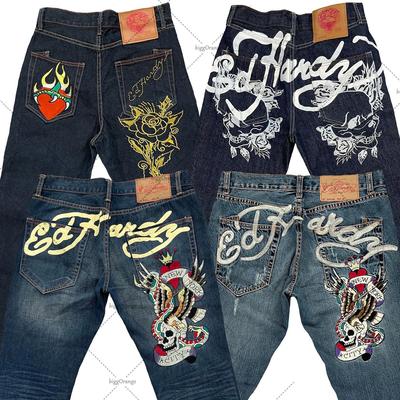 Printed Street Jeans Men's Y2K Hip-hop High-waisted Straight Retro Loose Wide-leg Pants Denim Trousers European and American