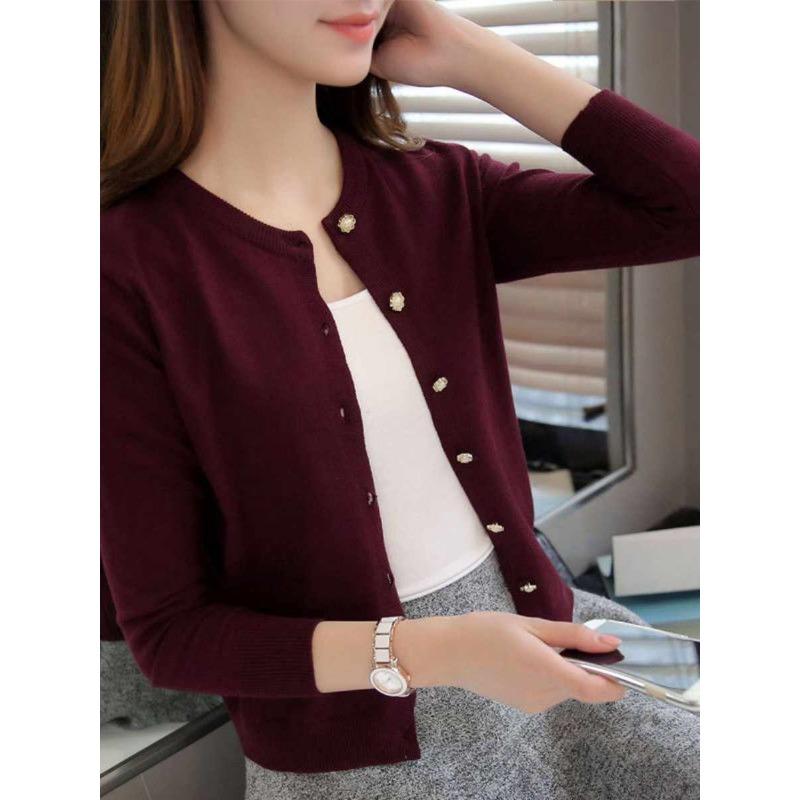 Autumn Winter Knitted Cardigan Women's Sweater Jacket 2025 Round Neck Long Sleeve Korean Version Thin Top Solid Color Casual Simple Outer Top Clothing