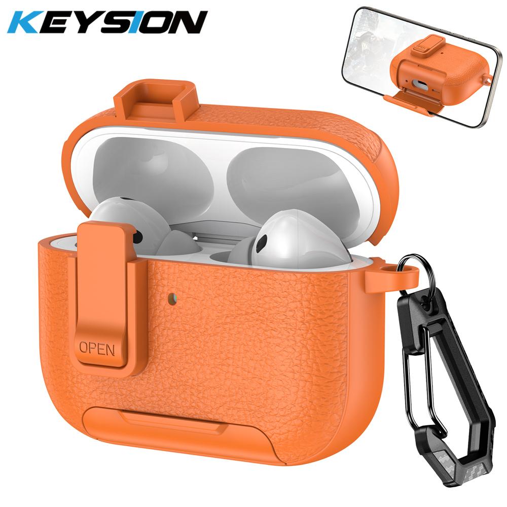 KEYSION with Carabiner Lock Phone Stand Protective Earphone Case for AirPods Pro 3 Pro 2 Soft TPU+PC Shockproof Cover for AirPods 4 3 2 1