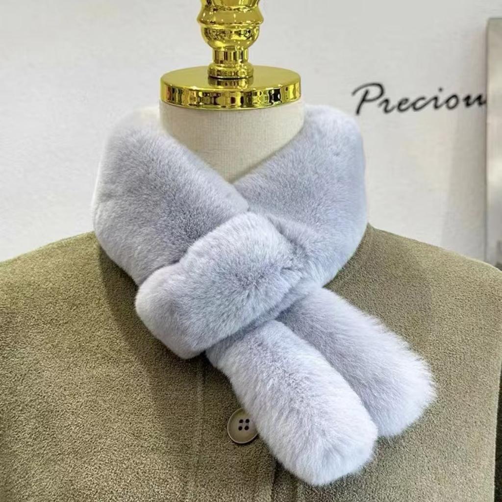Women Winter Warm Thicken Cross Collar Scarf Solid Color Faux Rabbit Fur Cold Proof Scarves Fashion Soft Furry Neck Warmer