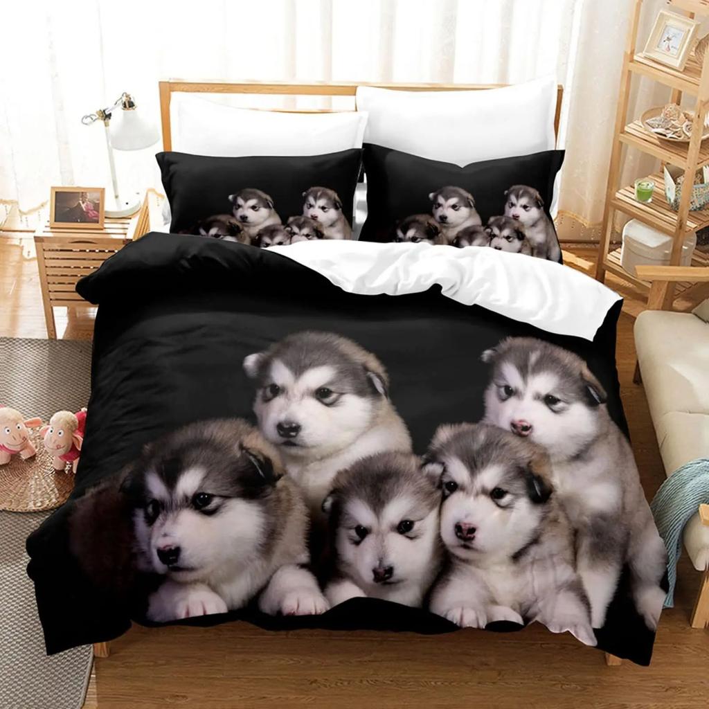 Cute Husky Duvet Cover Set Animal Printed Double Bed Three-Piece Quilt Cover Pillowcase Set