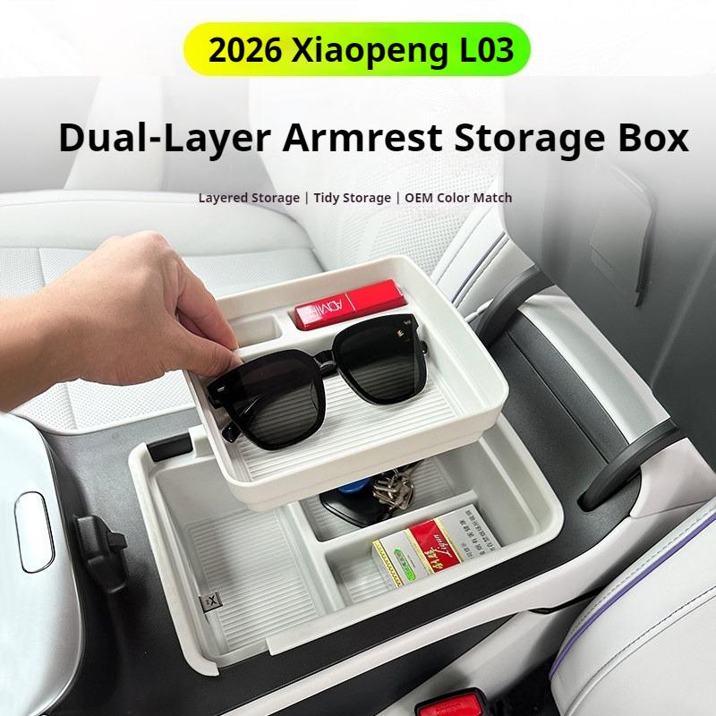 For Xpeng MONA L03 2026 Armrest Storage Box Double‑Layer Organizer Container Interior Stowing Tidying Modified Car Accessories