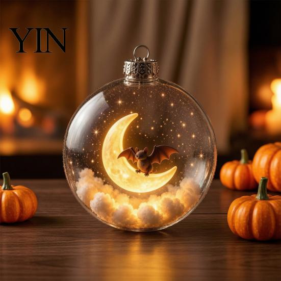 Halloween Hanging Ornaments Ball Ornament, Clear Sphere Decoration with Black Cat Bat Holiday Scene Window Pendants Skeleton, Festive Bauble for Home