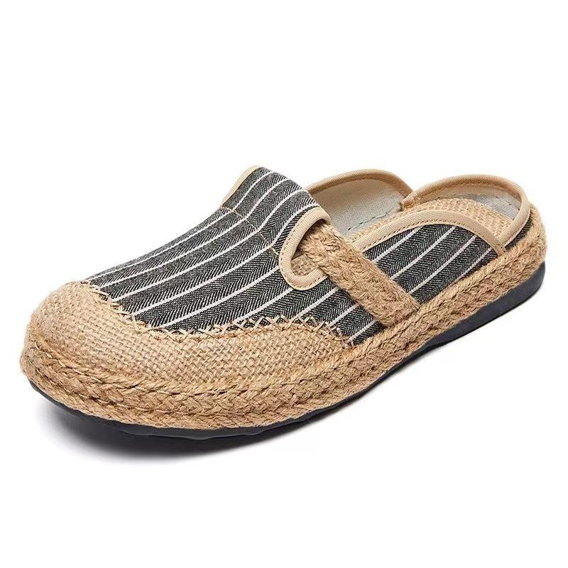 Chaussures d'été à enfiler pour femme, Espadrilles décontractées à bout rond style bohème en lin