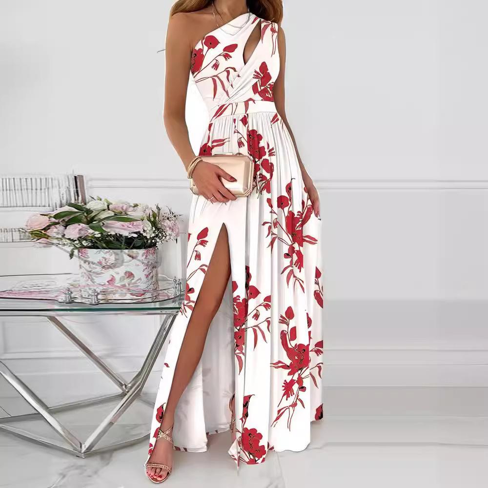 European and American Women's Clothing Slanted Shoulder Hollow Temperament High Split Dress Long Skirt