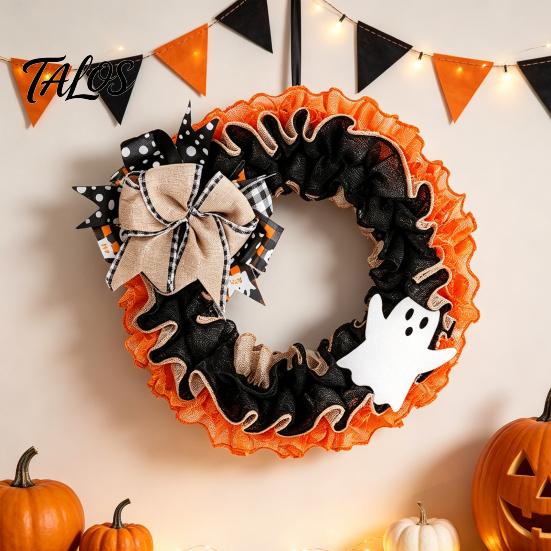Indoor Halloween Wreath 15 Inch for Front Door, Rustic Ruffle with Shop Window Decor Ghost And Burlap Bow Fireplace Walls Windows Gothic Party