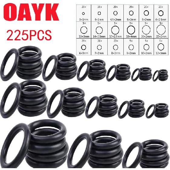 Surtido de 225 juntas tóricas: juntas de goma resistentes al aceite y al agua, de varios tamaños para aplicaciones automotrices y de maquinaria.