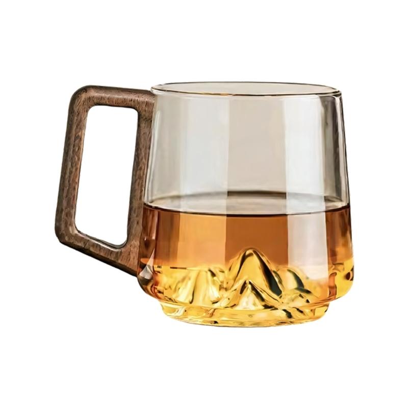 Retro Mountain Landscape Glass Mugs With Walnuts Wood Handle Decorative Glass Cup For Coffee Whiskeys And Hot Cold Drink 12