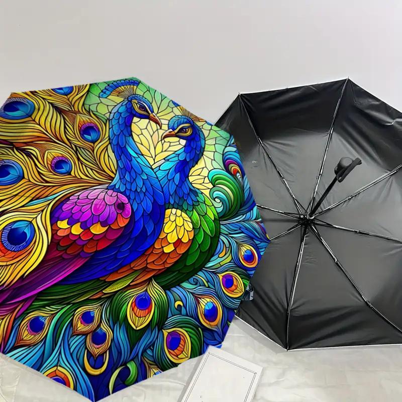 Colorful Peacock Feather Design Automatic Opening/Closing Umbrella with Convenient Three-Fold Design, 8-Bone Iron Frame Outdoor Umbrella, Pe