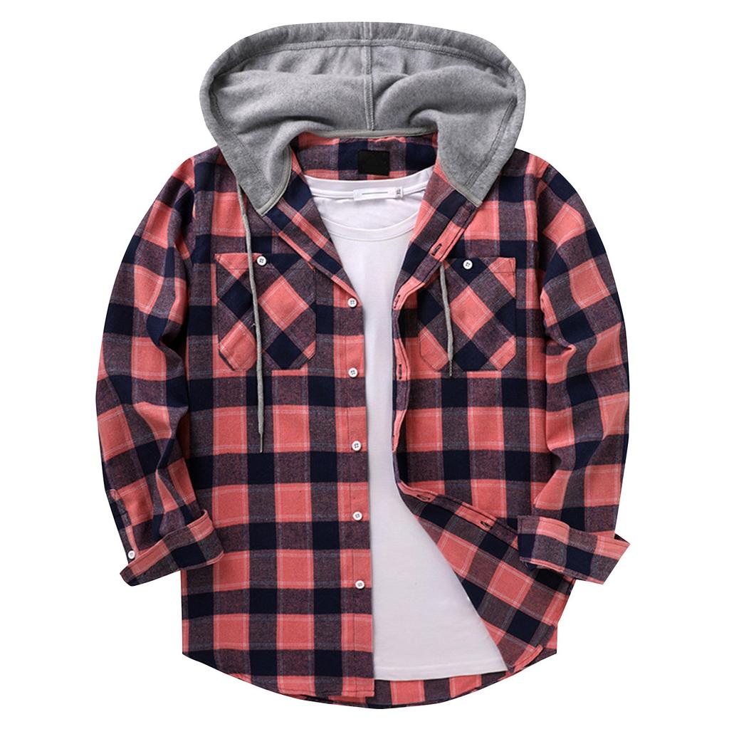 Men's Flannel Button Down Hoodie Shirt Jacket for Casual Outdoor Wear