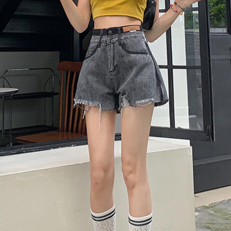 

Шорты из контрастного денима с высокой талией и облегающего кроя для женщин. Летние, тонкие, нового стиля, маленькие, широкие, А-силуэта для женщин. XXL