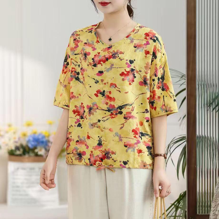 Pure Cotton Summer Loose Plus Size Women's Retro Printed Age-reducing Short-sleeved T-shirt