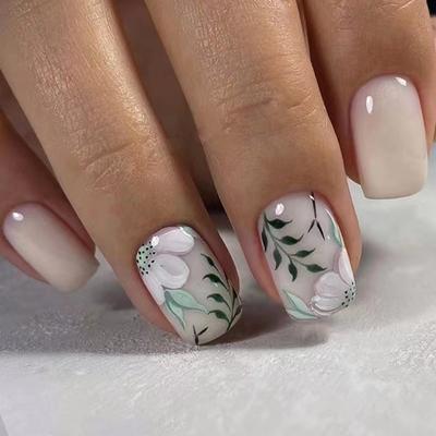 24pcs Press On Nails Spring Flowers and Green Leaves Wearable Nails Short Square Glossy Polish Nails Removable