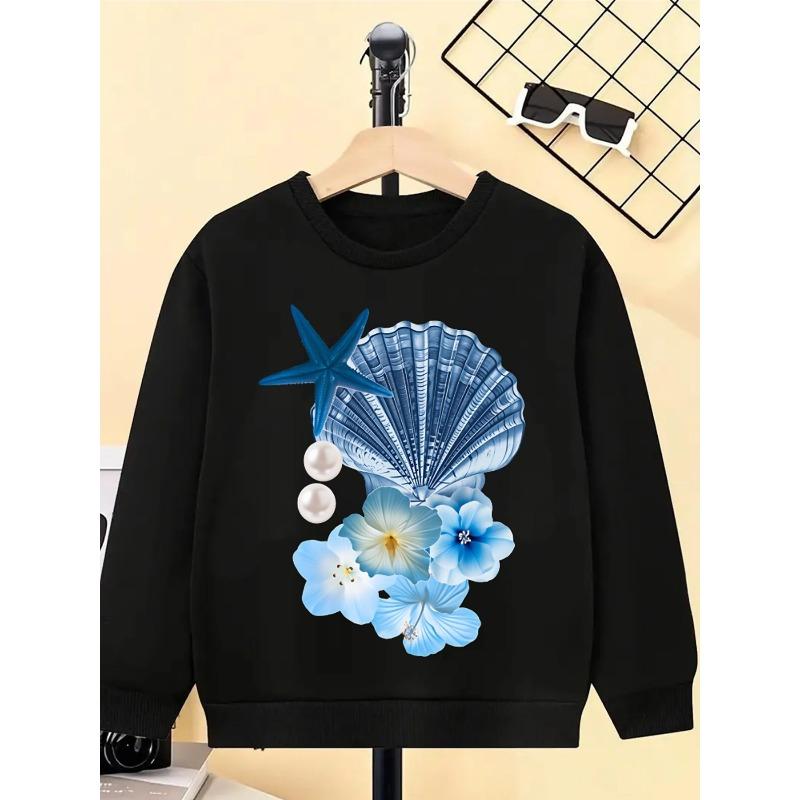 Girls' Crewneck Sweatshirt - Blue Starfish Shell Pearls Flowers Machine Washable, Spring And Autumn
