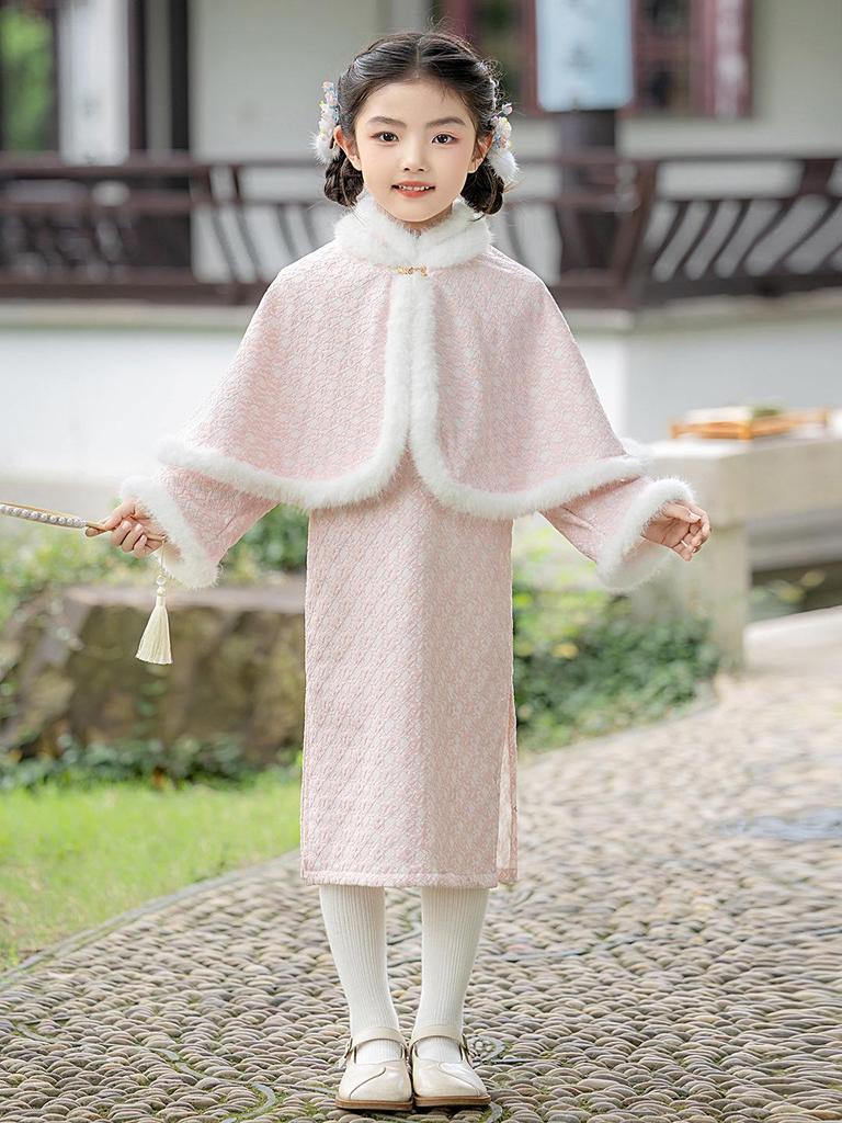 2025 Winter Velvet Pink Cheongsam Shawl Dress - Tang Suit Princess Style New Year's Outfit
