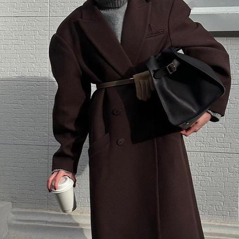 Herbst und Winter Damen Eleganter zweireihiger Kaffeefarbener Mantel Damen Revers Mode Langärmliger Freizeitmantel High Street Wear