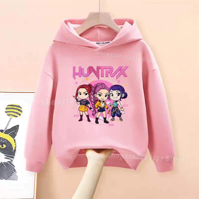 Demone Hunter Girl's Pink Hooded Streetwear Autumn Cute Anime Baby Pullover Kids Y2K Kawaii Long Sleeved T-shirt Casual Clothes