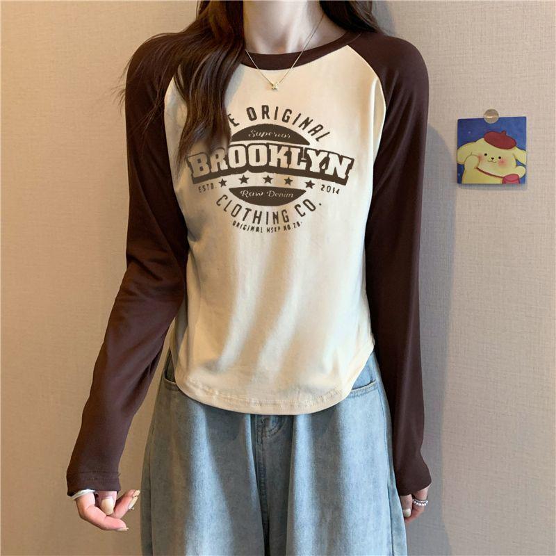 Women's Color Block Raglan Long Sleeve T-Shirt - 2024 Spring/Autumn Slim Fit Spliced Base Top