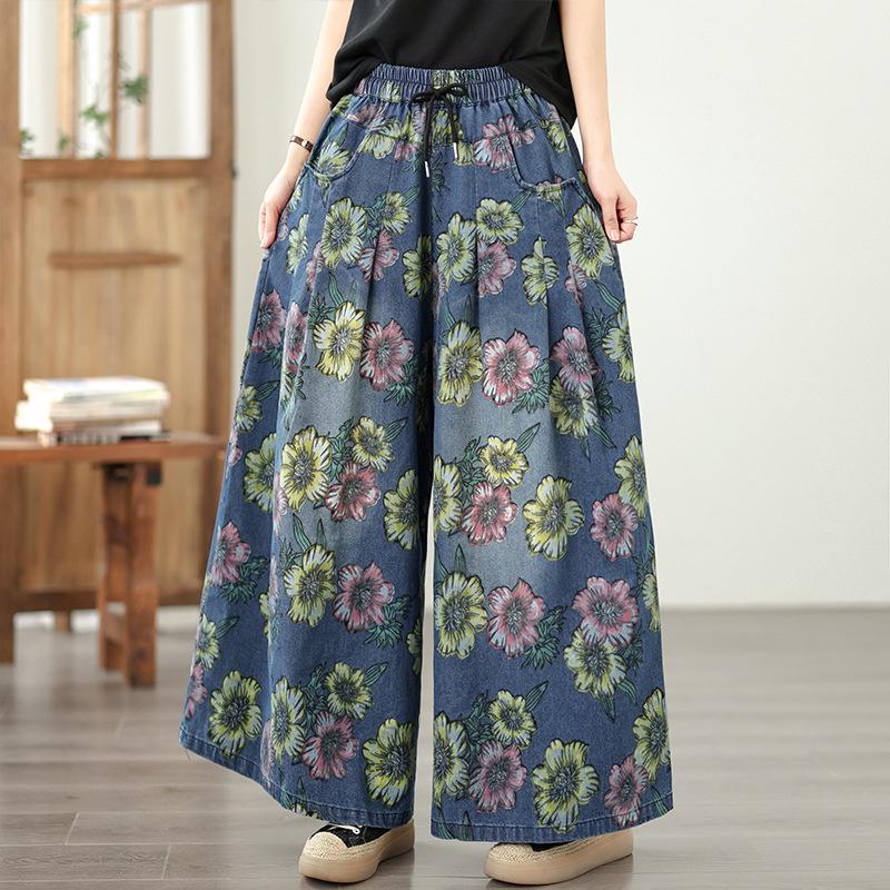 

Plus Size Spring Printed Elastic Waist Wide-Leg Jeans M синий