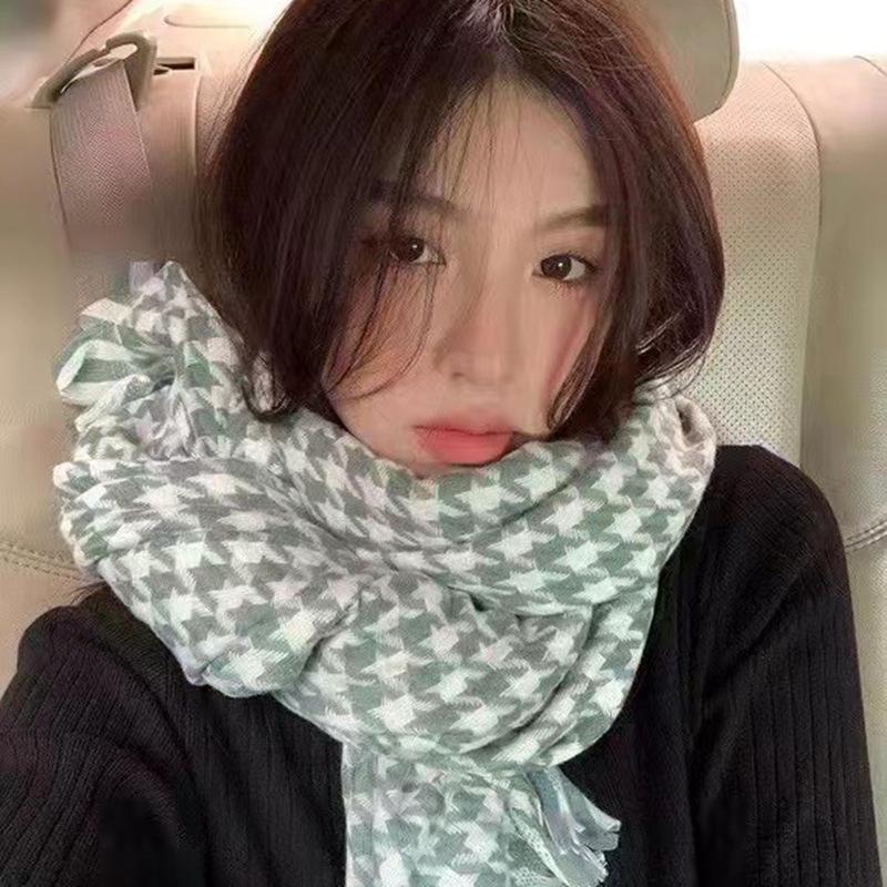 Women's Winter Plaid Imitation Cashmere Tassel Scarf, Thickened Korean Style Neck Warmer
