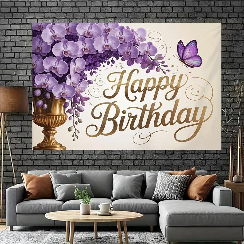 2D Purple Orchid Gold Vase Happy Birthday Backdrop for Women Girls Party