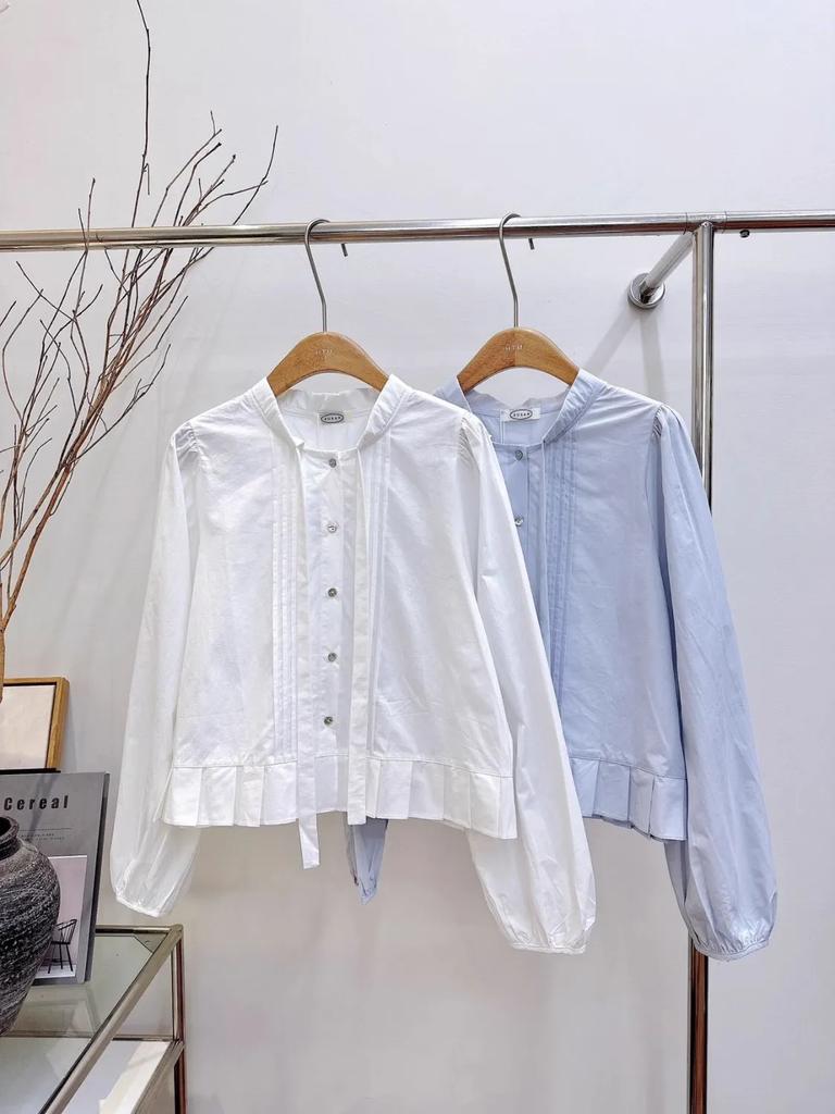 Women Spring and Autumn Sweet Bow Tied Puff Sleeve Shirt Top Short Sweet Shirt