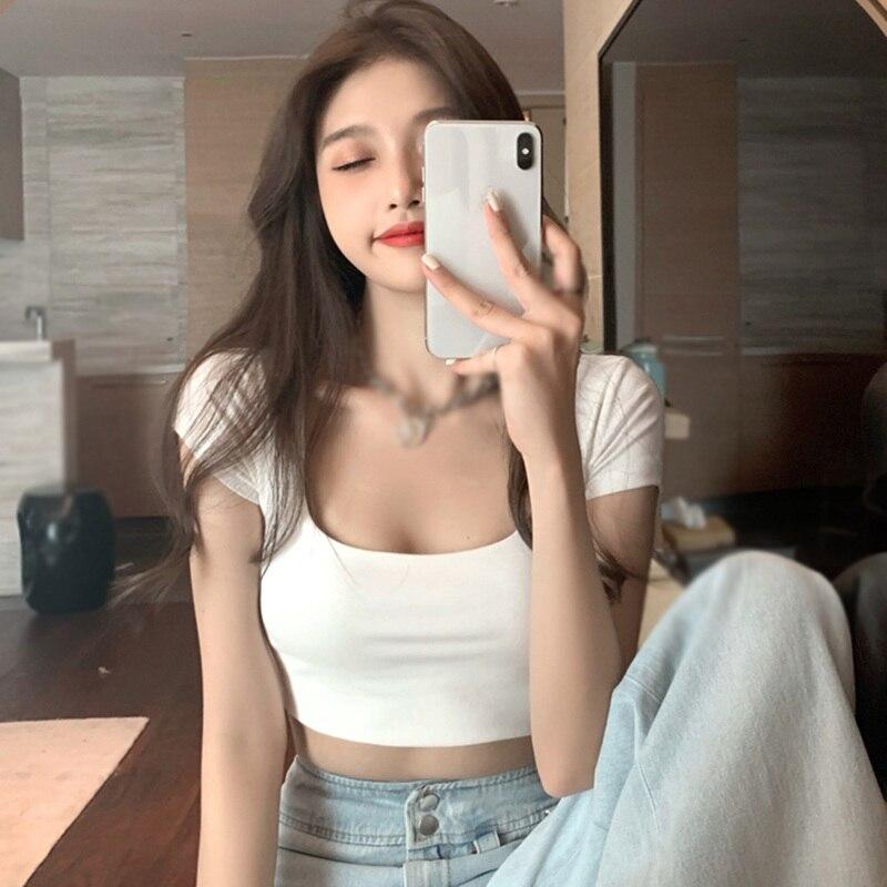 Summer U-neck Short Short-sleeved T-shirt Women's Top Slim Square Neck Crop Top