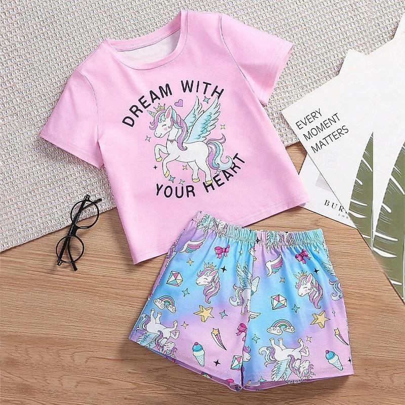 Mädchen-Pyjama-Set mit 3D-Einhorn-T-Shirt und Shorts, rosa, kurzärmelig, 3D-Druck, Sommer, aktiv, modisch, niedlich, Polyester, für Kinder von 3–12 Jahren