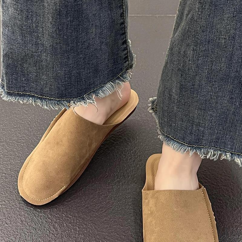 Papuci de casă cu toc gros pentru femei, noi de primăvară și vară, pantofi leneși din piele moale retro cu talpă moale plată, papuci de casă cool pentru femei