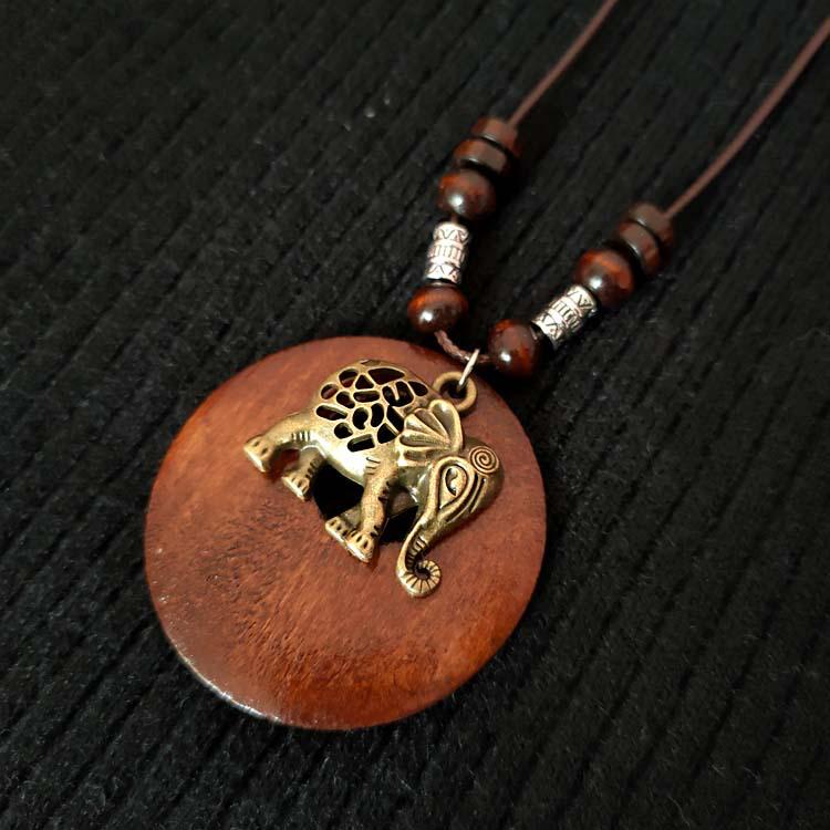Ethnic Style Cotton-Linen Wooden Sweater Chain Necklace with Alloy Leaf Pendant