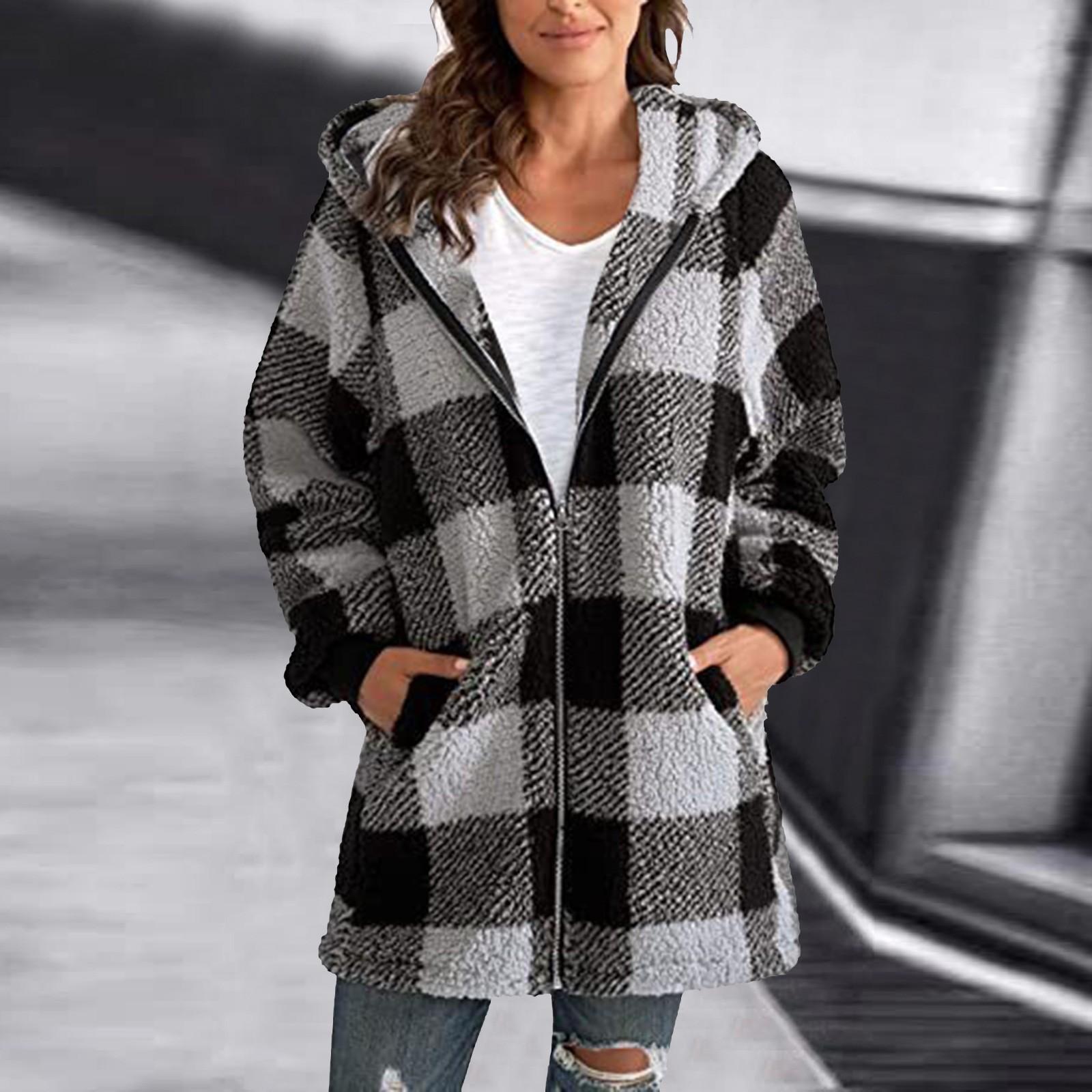 Women s Casual Plush Long Sleeve Plaid Hooded Zipper With Pocket Loose Coat M