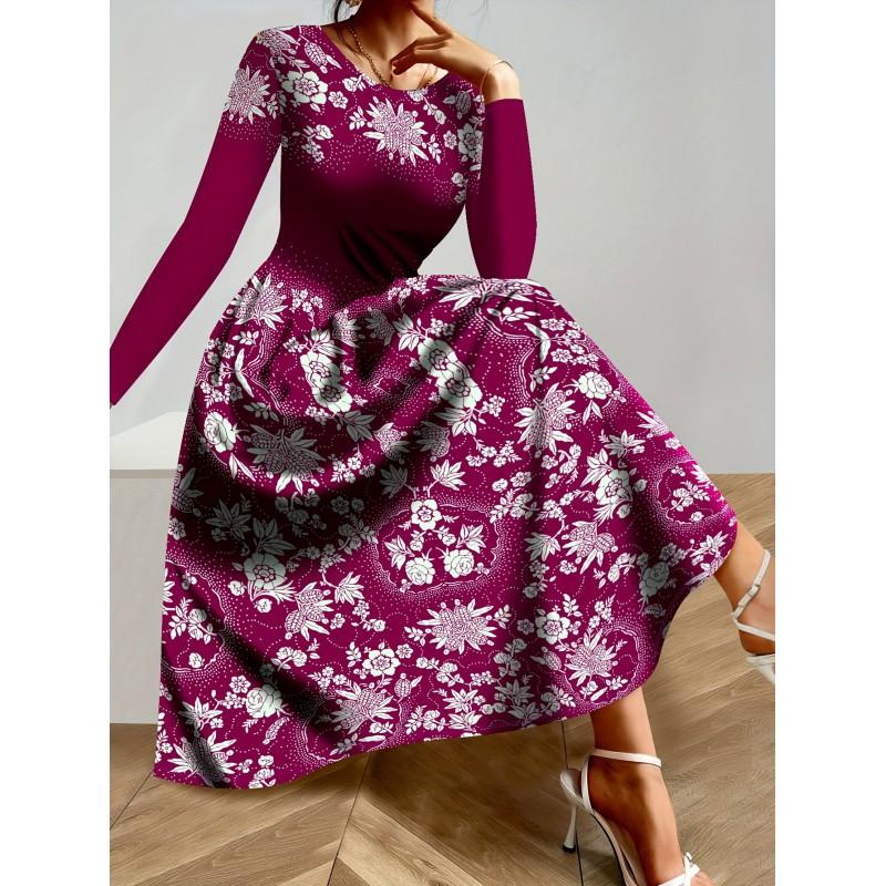 Womens Purple Floral Print Long Sleeve Maxi Dress - Elegant Party In Milk Silk Fabric