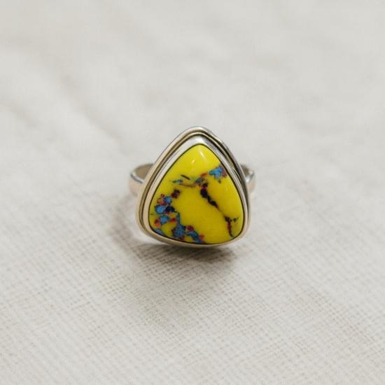 Yellow Copper Turquoise Ring: 925 Sterling Silver Triangle Shaped Gemstone Bohemian Style Ring