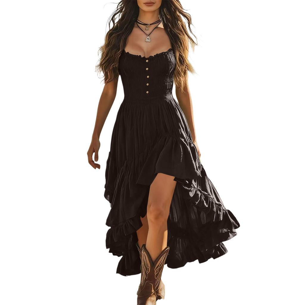 Women's Vintage Elegant Strapless Dress with Smocked Bust , Cinched Waist and Irregular Ruffle Hem