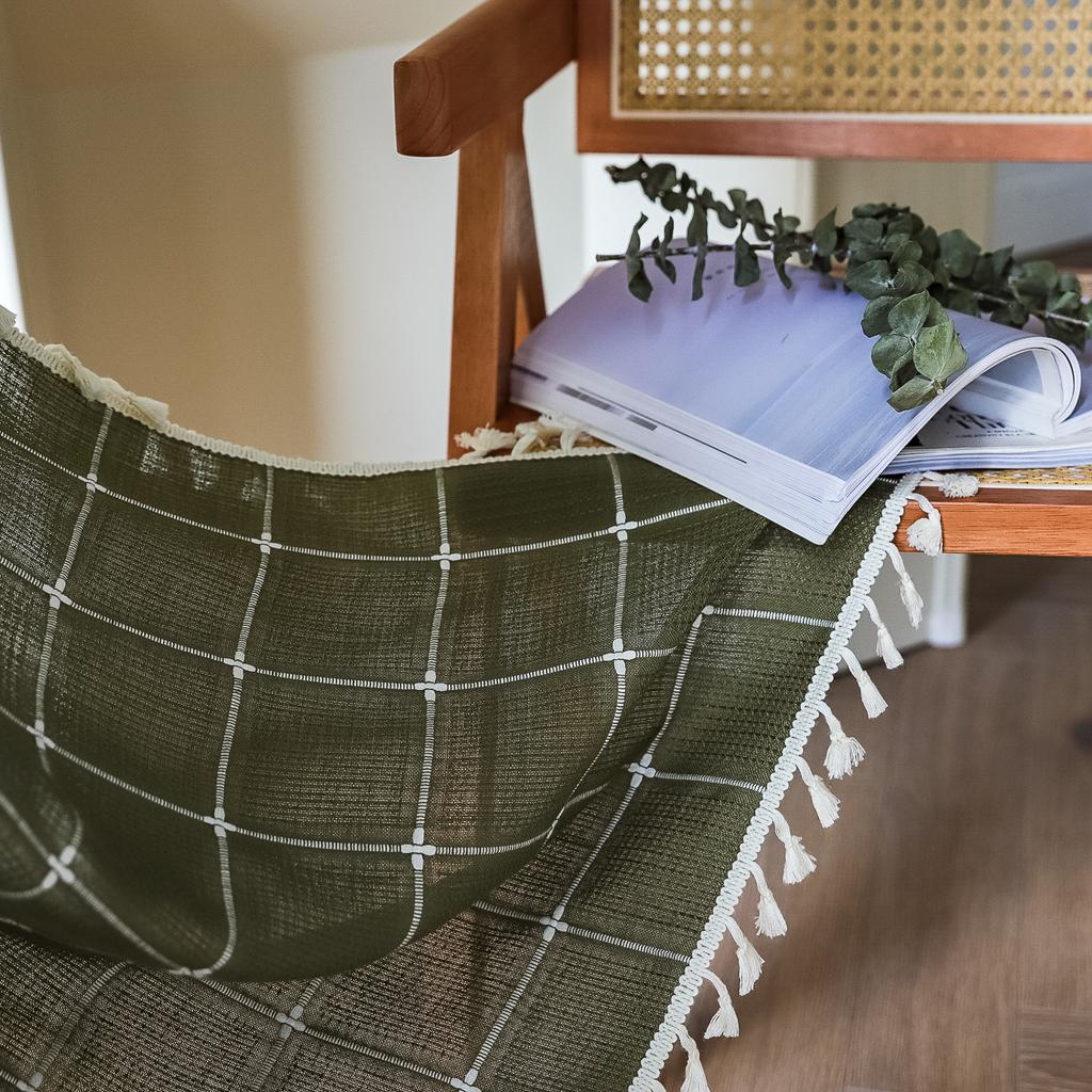 Tenda Plaid Vintage Americana con Nappe Semi Oscurante Cotone Lino Tasca per Asta Soggiorno Balcone Cucina Finestra a Golfo Protezione UV Arredamento Boho Rustico