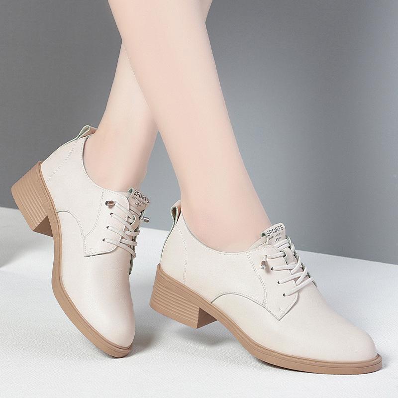 Spring Autumn Women Round Heel Shoes Square Heel Lace-free Office Pumps Work Party Shoe Black Comfortable Soft Leather Shoes