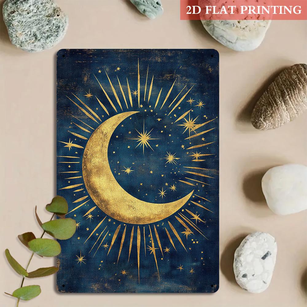 2D Flat, 2D Flat 1pc, Golden Crescent & Sparkle Stars Iron Metal Decorative Sign, 8x12 Inch Vintage Aesthetics, Mystic Art Style, Suitable for Living
