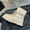 2025 Winter New Snow Boots Plush Warm Round Toe Thick Sole Mid-Calf Boots Black/beige Leather Elastic Band Snow Boots