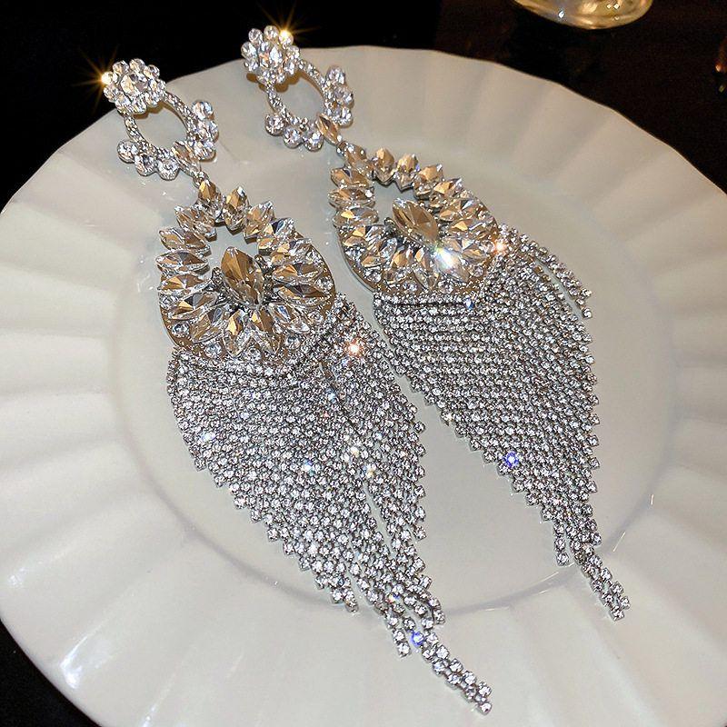 Diamond-Embedded Flower Cutout Water Drop Exaggerated Heavy Industry Silver Needle Silver Needle-Silver