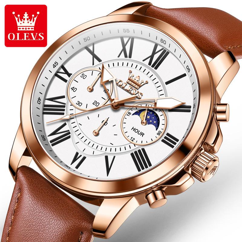 OLEVS Big Dial Roman Scale Quartz Watch For Men Waterproof Luminous Men's Hand Clock Moon Phase Original Fashion Man Watch