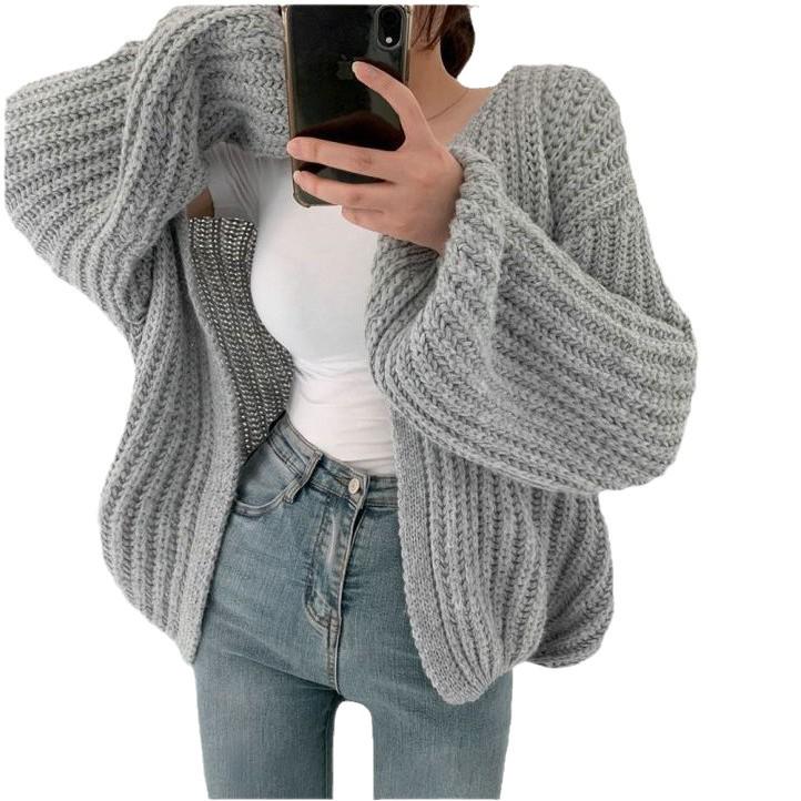 Thick Knit Women's Lantern Sleeve Cardigan - Solid Color, Versatile Autumn/Winter Sweater